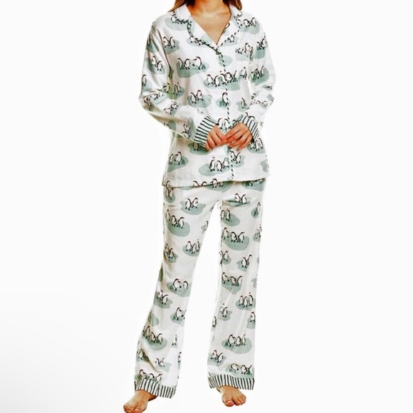 Munki Munki White & Blue Penguin Snow Striped Pajama Long Sleeve Pants Set - Picture 13 of 15